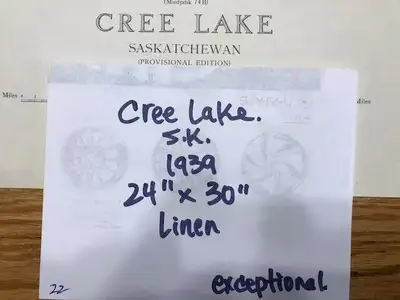 Cree Lake SK. and surrounding area linen bound map, 1939,vintage