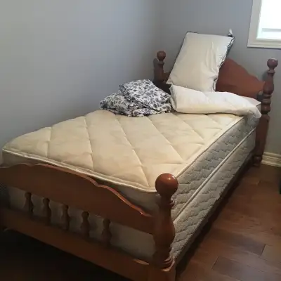 I have a maple frame twin bed, mattress & box spring! Two sets of sheets, one cotton and one flannel...