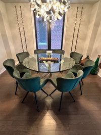 Dining Table 60” Glass Top, Modern Base, 8 Velvet Chairs