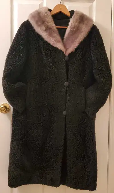 Vintage Women's Black Persian Lamb Wool Coat with Mink Collar, View more