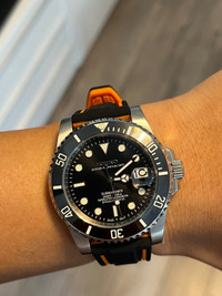 Seiko mod black submariner watch orange rubber strap