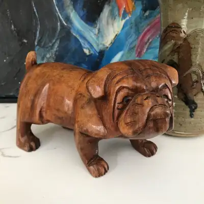 This charming and chunky handcrafted wooden English Bulldog carving is ready to add some character a...