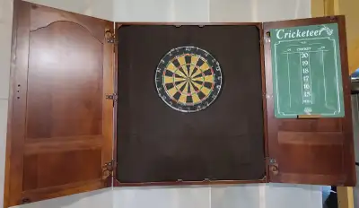 Custom Made Cabinet, Dart Board and Dart Mat. Custom made cabinet of cherry wood. Includes dart boar...