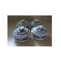 Vintage Chinese Blue & White Dragon Bowls with Lids