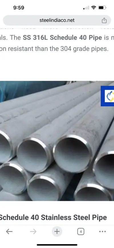 New …Schedule 40 stainless steel pipe 5” ID x 5 1/2” OD x .250 walls …sells for 1244.00 for 10’ …Pip...