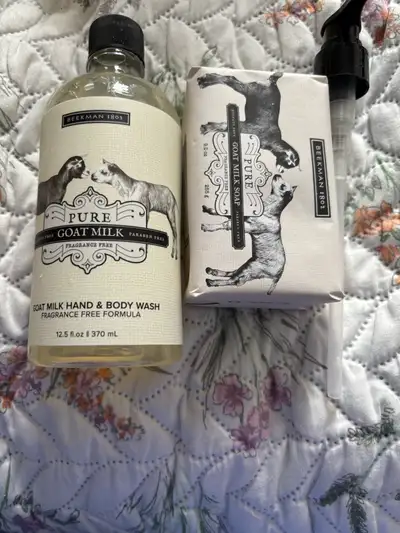 This is a used Beekman 1802 Pure Goat Milk Soap and Hand & Body Wash set, perfect for sensitive skin...
