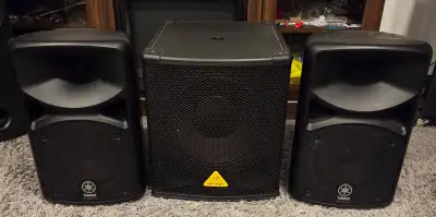 Yamaha stagepas 400 with stands and behringer subwoofer, View more