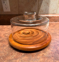 Vintage Teak Wood Cheese Tray with Glass Cloche Lid