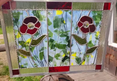 Stained Glass Poppy Panel located Crawford Bay, BC, View more