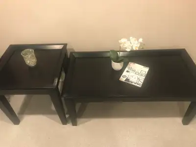 Black wood rectangular coffee table & square end table, View more