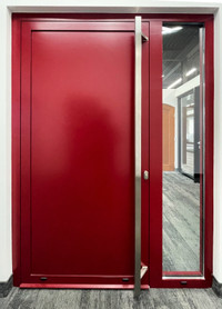 SHOWROOM BLOWOUT SALE - Red aluminum entry door with sidelight