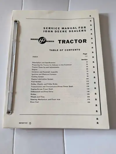 For sale is a excellent copy of a John Deere 60 service manual in new condition. This manual has 3 h...