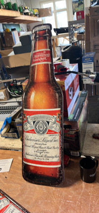 Budweiser beer 35 inch tall bottle tin sign