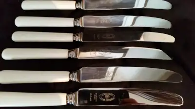 ATKINSON BROS. SET OF 6 DINNER KNIVES WITH FAUX BONE HANDLES, View more