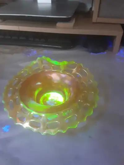 vintage uranium carnival glass candy dish, View more