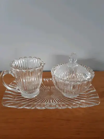 Glass Cream and Sugar with tray. , View more
