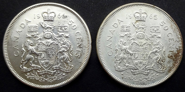 1965 & 1966 Canada Silver 50 Cents (Lot of 2) in Arts & Collectibles in Oakville / Halton Region