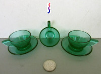 Akro Agate 3 Cups 2 Saucers Stipple Band Green Children Dishes