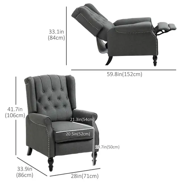 Wingback Reclining Chair with Footrest, Button Tufted Recliner C in Chairs & Recliners in Markham / York Region - Image 3