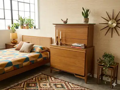 Vintage Walnut MCM Tallboy Dresser w Glass Top, View more