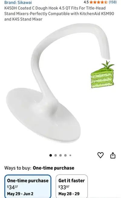 NEW - KitchenAid Mixer Dough Hook Attachment (4.5 QT), View more