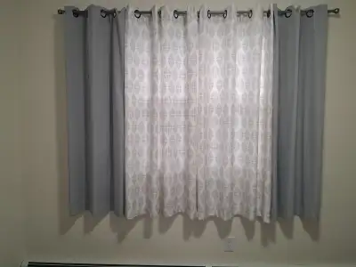 Curtains, 4 pieces, with rod, width of window 75.5, length of curtains, 63 inches, professionally he...
