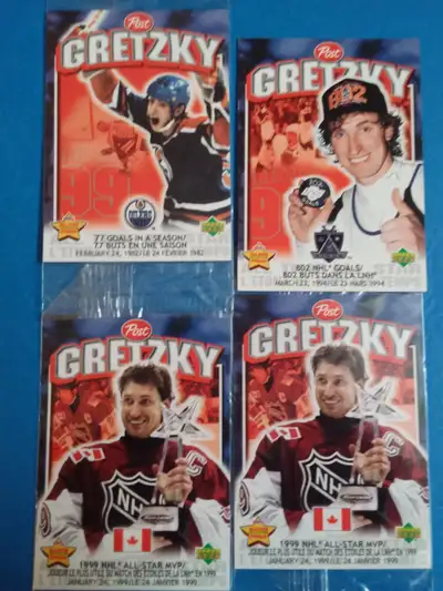 4 Post Upper Deck hockey cards of #99 Wayne Gretzky. Card 1 of 7 February 24 1982 77 goals in a seas...