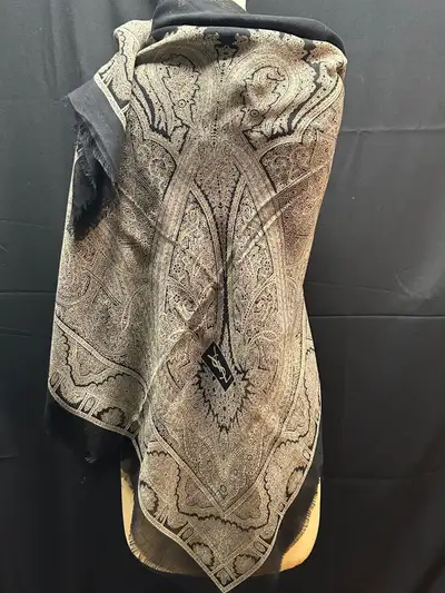 VINTAGE CIRCA 1990 54 X54 INCHES SILK & CASHMERE BLACK BACKGROUND PAISLEY DESIGN CONDITION IS PERFEC...