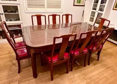Chinese Rosewood Dining Table with Glass Top - Eight Chairs, View more
