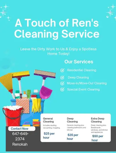 I offer cleaning services. new construction builds, open house, residential and move in/out cleaning...