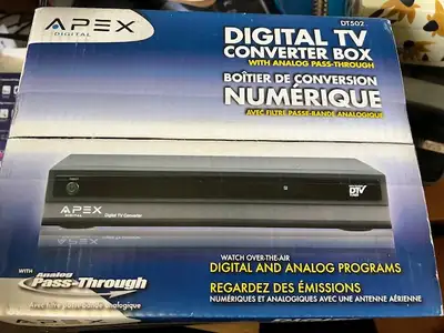 Apex Digital TV converter Box complete with remote and cables. See description in photos. Item is lo...