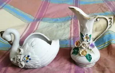 Vintage porcelain flower vase and swan, View more