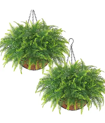 Artificial Hanging Plants with Basket 2 Set Faux Boston Ferns, View more