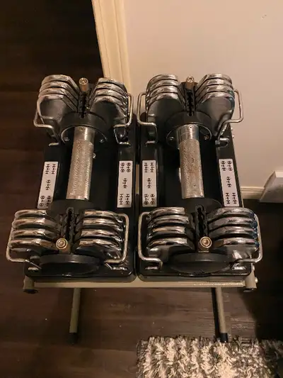 Metal dumbbells - small and compact easy to adjust from 5 to 25 pounds per dumbbell. Comes with stan...
