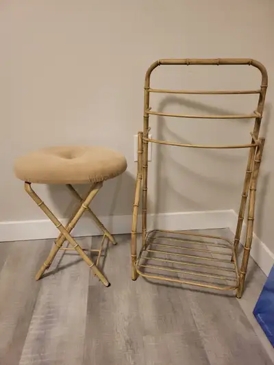 Bathroom towel rack and stool., View more