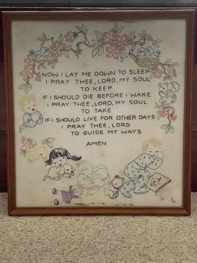 As per pics,over 45 years old,framed 18 1/4” by 20”. In good condition