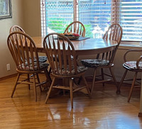 Solid Oak Dining Table, Chairs and Stools