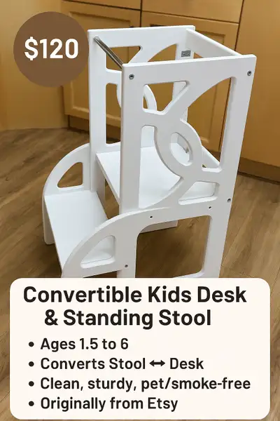  Convertible Kids Desk & Standing Stool – Like New! , View more