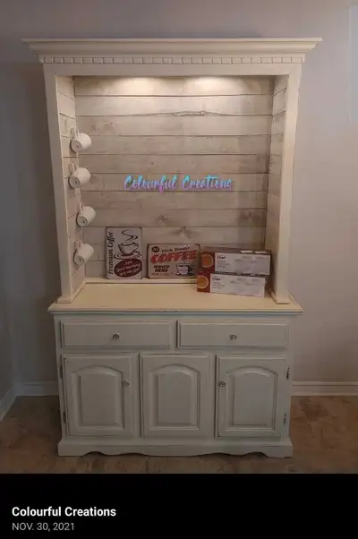 Old Hutch .. turned into a Coffee Bar Farmhouse white coffee bar Barn board back Two lights with on/...