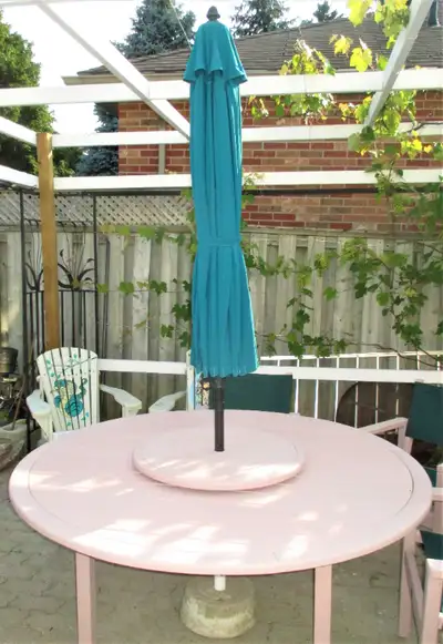 DEVON Patio Set 9' Umbrella 64" Table 27" Lazy-Susan 6 Armchair, View more