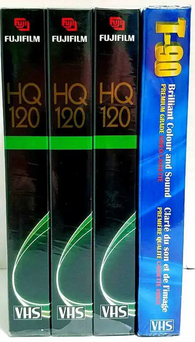 These vintage Fujifilm VHS tapes consist of three HQ 120 tapes and one T-90 premium grade tape, all...