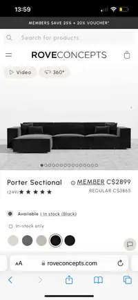 ROVE CONCEPTS Porter Sectional Sofa Black Velvet