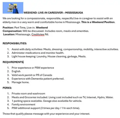 WEEKEND: LIVE-IN CAREGIVER – MISSISSAUGA, View more