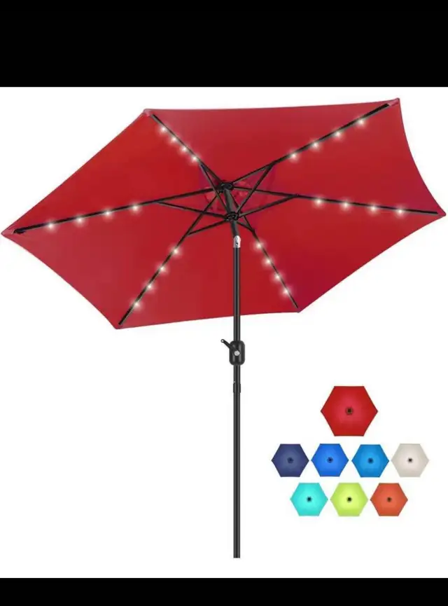 RED 9FT Solar LED UmbrellaSolar Powered Table Umbrella, Fade-re in Patio & Garden Furniture in Hamilton - Image 2