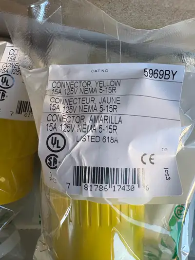 I'm offering a box of 10 Bryant Yellow Connectors, each rated at 15A 125V with NEMA 5-15R configurat...