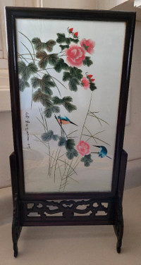 Antique Chinese Embroided Silk Table Screen Birds Flowers Signed