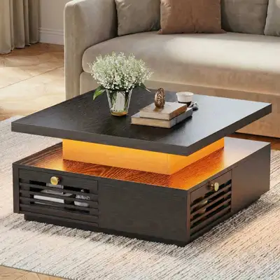 Modern Black LED Coffee Table with Charging Station & 4 StorageD, View more
