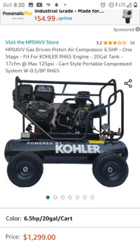 Kolier air compressor, gas , brand new $1000