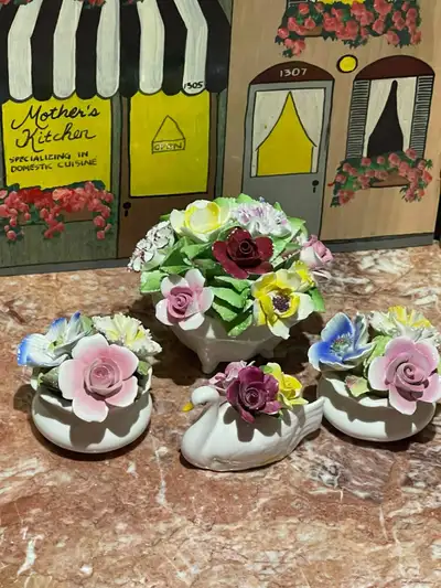 Vintage 1940+ Bone China 2 small flower arrangements and 1 swan , View more