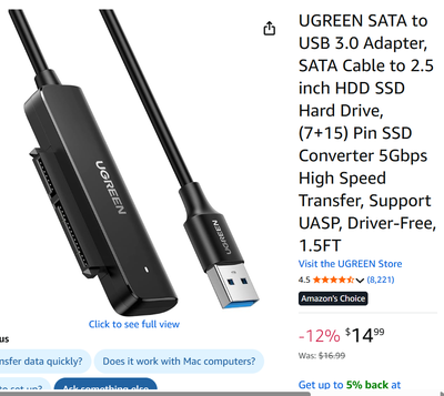 UGREEN SATA to USB 3.0 Adapter, SATA Cable to 2.5 inch HDD SSD, View more